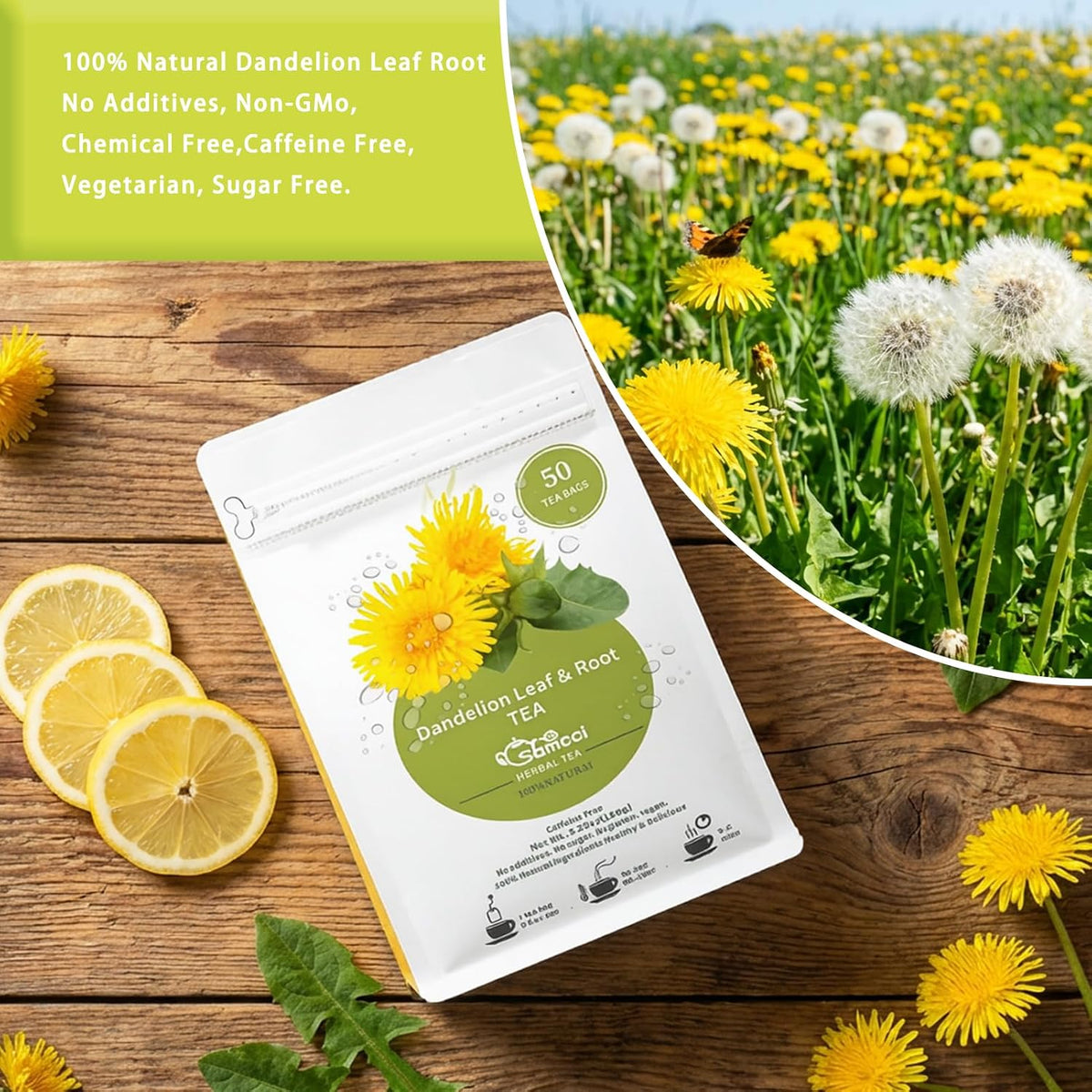 Samcci - Dandelion Leaf &amp; Root Tea Bags, 50 Count, Dandelion Herbal Tea | Balanced herbal blend tea for liver &amp; kidney health, Caffeine-Free, Vegan, No Sugar