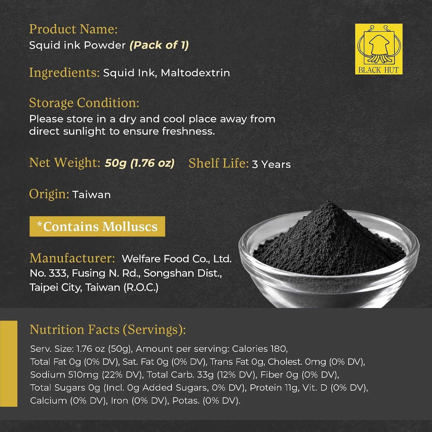 Black Hut Squid Ink Powder for Cooking, Black Food Coloring, 1.76oz, 1 Pack | Coloring Powder for Rice Noodles Pasta Spaghetti Risotto, Squid Ink for Cooking, Halal Certificate
