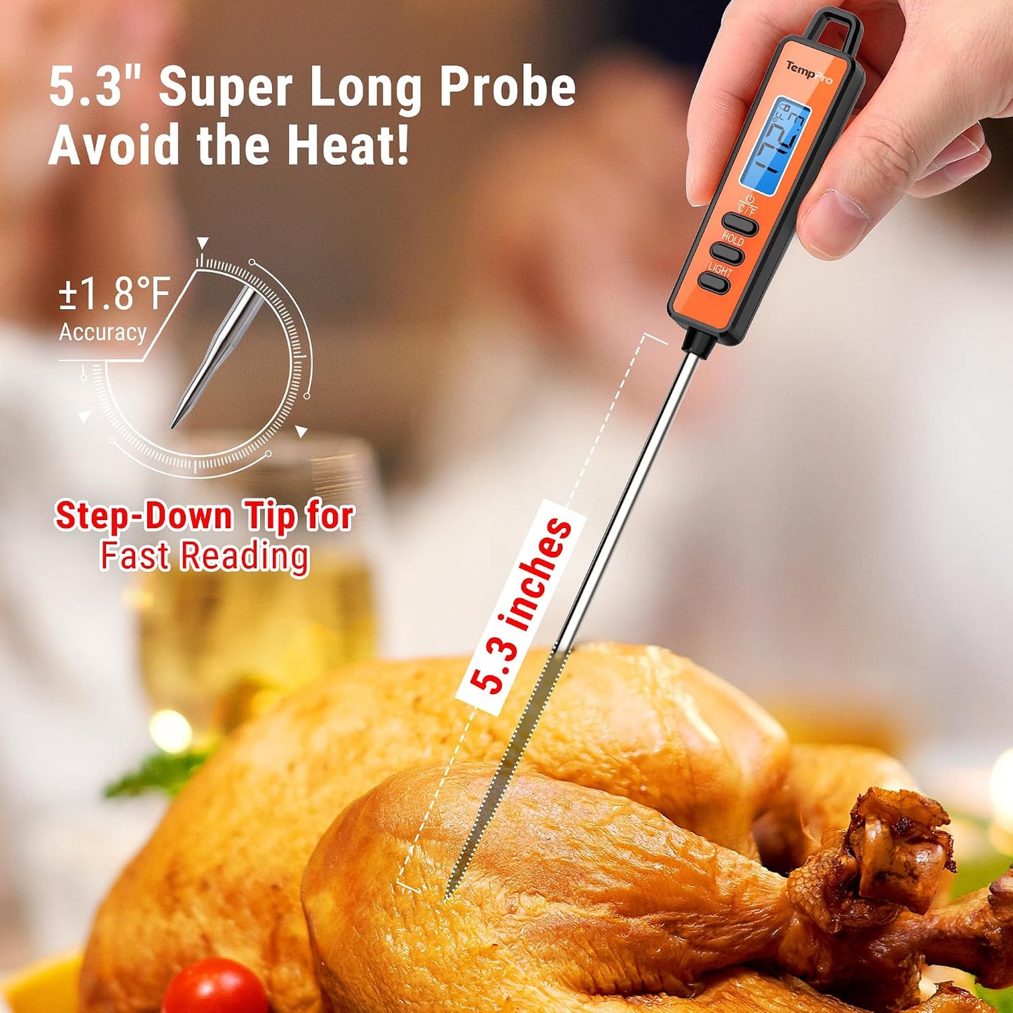 TempPro TP01A (2 Pack) Digital Meat Thermometer for Cooking Liquid Deep Frying Oil Candy, Kitchen Food Instant Read Thermometer with Super Long Probe, Backlit, Lock Function (Previously ThermoPro)