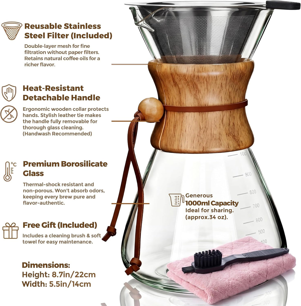 AGOGO Pour Over Coffee Maker Set, 34oz Slim Style, 304 Stainless Filter
