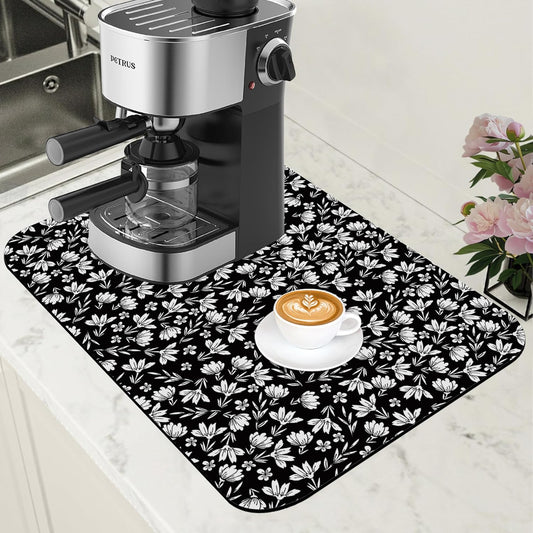 Black and White Flowers Dish Drying Mat for Kitchen Counter Coffee Bar Mat Hide Stain Absorbent Rubber Backed Drying Rack