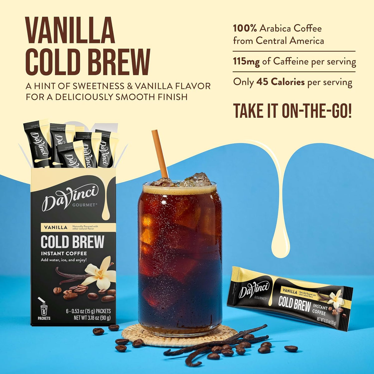 DaVinci Gourmet Vanilla Cold Brew Stick Pack, Instant Coffee Powder, 6 Count (Pack of 1)