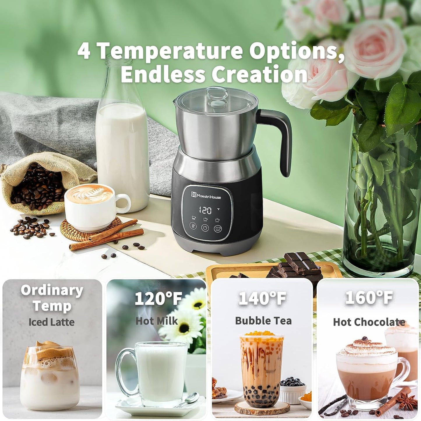 Maestri House DualFro 600 Milk Frother and Steamer 21oz/600mL | Variable Temp 4 Settings &amp; 3 Froth Levels, Memory Function for Latte Cappuccino Hot Chocolate, Dishwasher Safe,Brush Included