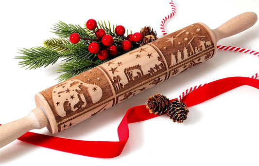 17" Wooden Rolling Pins for Baking with Nativity Embossed Designs