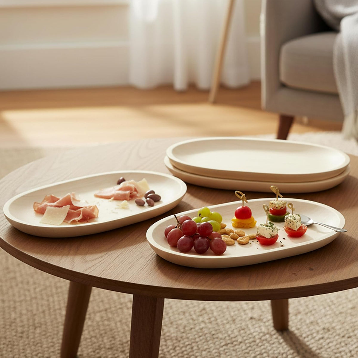 Woodard &amp; Charles Whitewash Oval Wood Serving Trays, 6" x 10", Set of 4 | Wood Oval Serving Tray; Perfect for Charcuterie, Cheese, Tapas, Sushi, Crudites and Appetizers for Parties or Everyday Use