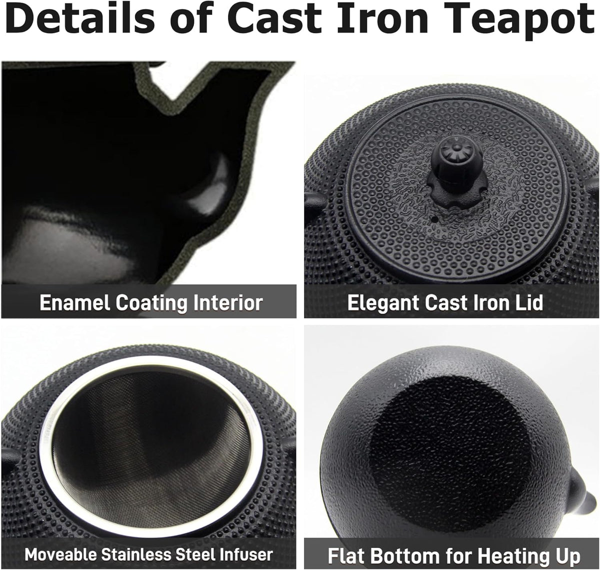 YJX 40.6oz Black Cast Iron Tea Pot Set with Teacups, Japanese Tetsubin