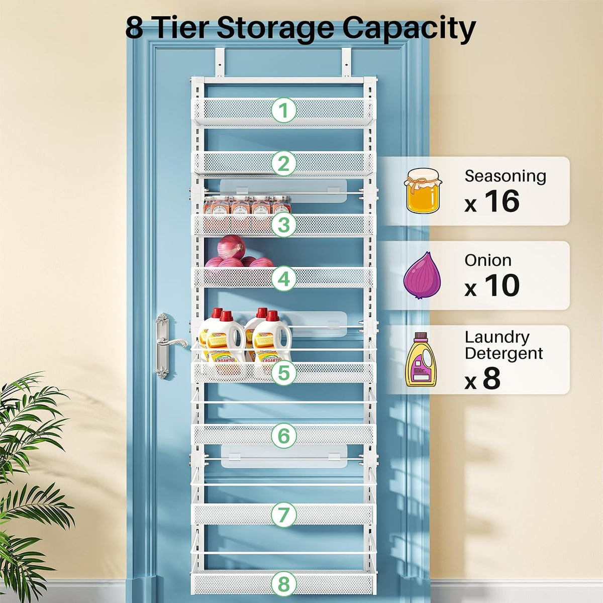 Over the Door Pantry Organizer - 8 Tier Adjustable Hanging Door Spice Rack, Large Capacity for Kitchen Pantry Storage (White)