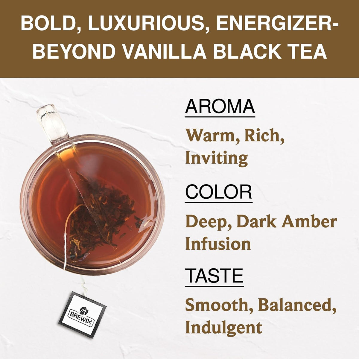 BREWIX, Vanilla Caramel Black Tea Bags - 25 Whole-Leaf Pyramid Sachets | Sugar-Free, Zero-Calorie Dessert Tea | Naturally Flavored Caramel &amp; Vanilla | Keto &amp; Gluten-Free | Hot or Iced, Caffeinated