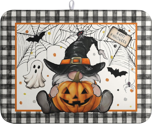 Halloween Gnomes Dish Drying Mat Bats Pumpkins Large Kitchen Mats Dish Drying Pad Buffalo Plaid Absorbent Dish Dryer Mat for