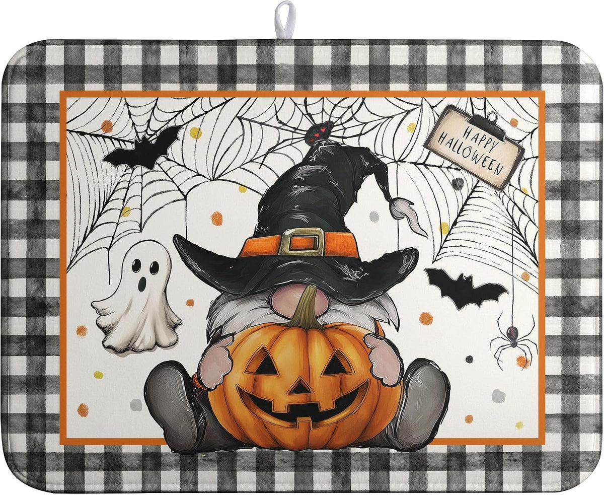 Halloween Gnomes Dish Drying Mat Bats Pumpkins Large Kitchen Mats Dish Drying Pad Buffalo Plaid Absorbent Dish Dryer Mat for Kitchen Countertops Microfiber Drainer Pad Dish Drying Mats (18x24 in)