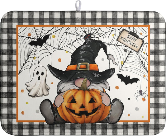 Halloween Gnomes Dish Drying Mat Bats Pumpkins Large Kitchen Mats Dish Drying Pad Buffalo Plaid Absorbent Dish Dryer Mat for Kitchen Countertops Microfiber Drainer Pad Dish Drying Mats (18x24 in)