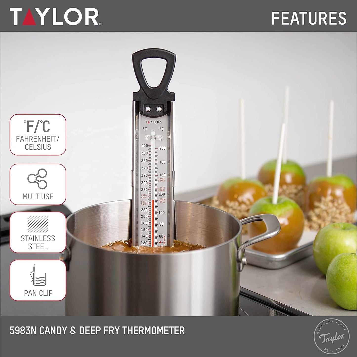 Taylor Programmable Digital Candy and Deep Fry Thermometer with Green Light Alert Display &amp; Stainless Steel Candy Deep Fry Food Cooking Kitchen Analog Thermometer, 12 Inches