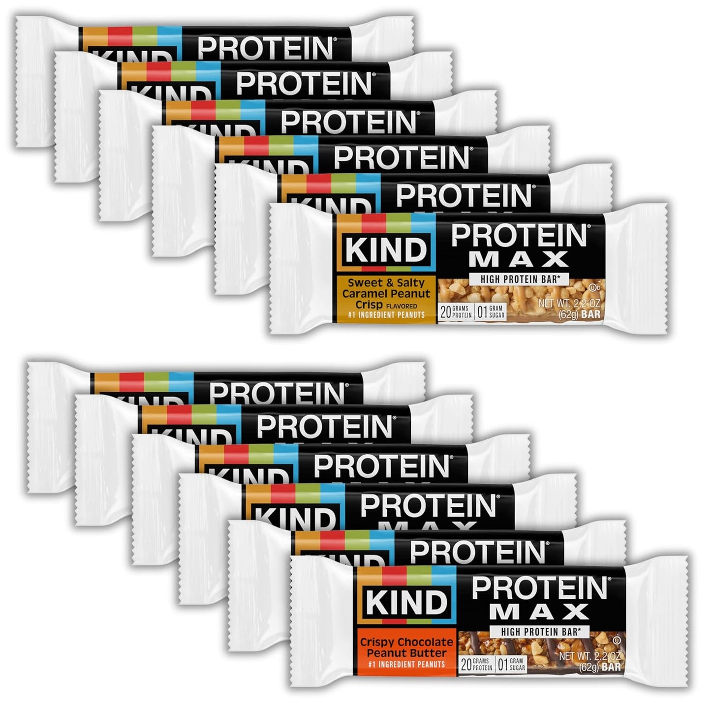KIND Protein MAX Bars Variety Pack, Gluten Free, Low Sugar, High Fiber Snacks, Sweet &amp; Salty Caramel Peanut Crisp, Crispy Chocolate Peanut Butter, 20g Protein, 12 Count