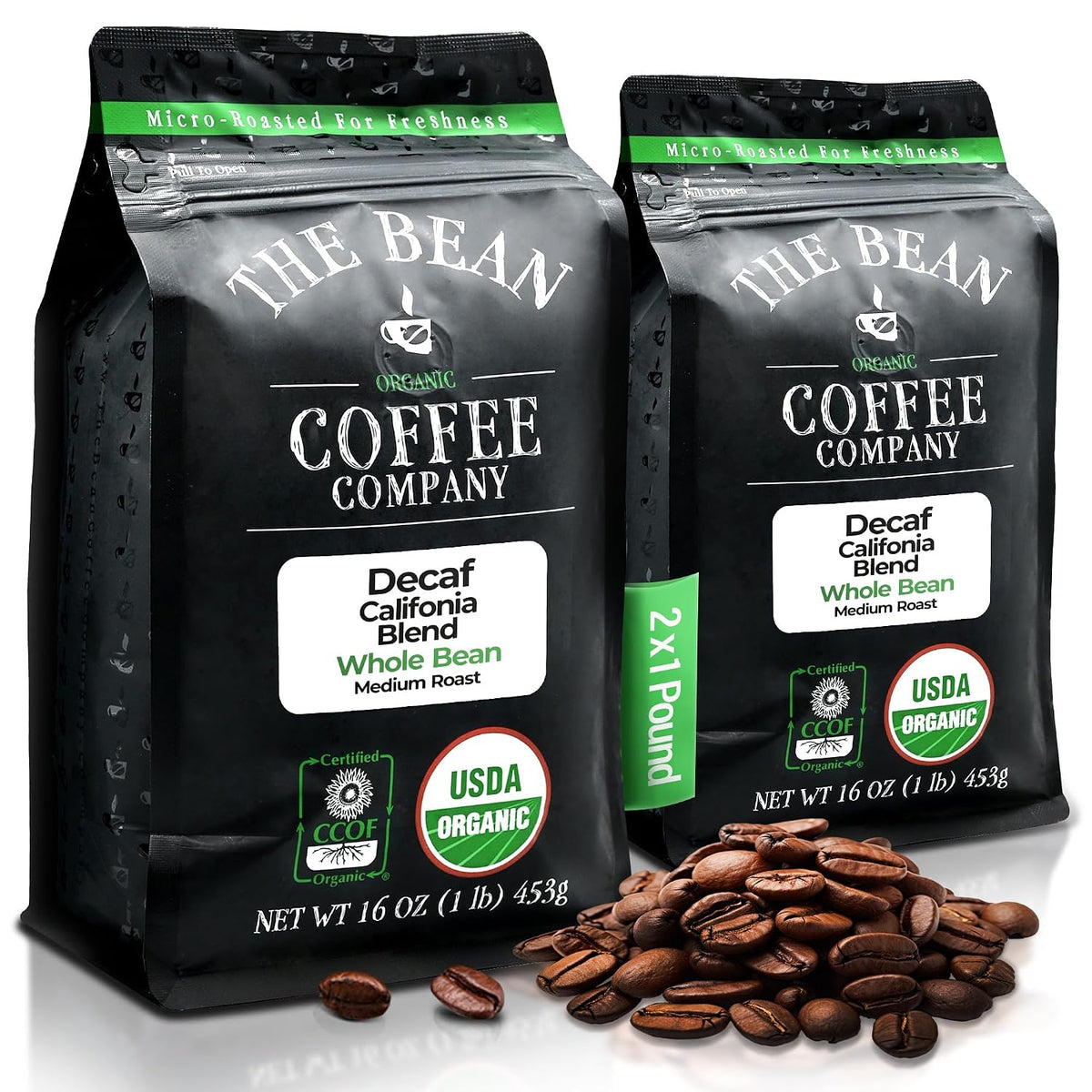 The Bean Organic Coffee Co. Decaf California Blend, Whole Bean, 2 x 1 lb | Mellow, low-acid California blend. Swiss Water Process, 99.9% caffeine-free. Organic decaf coffee beans. Medium Roast.