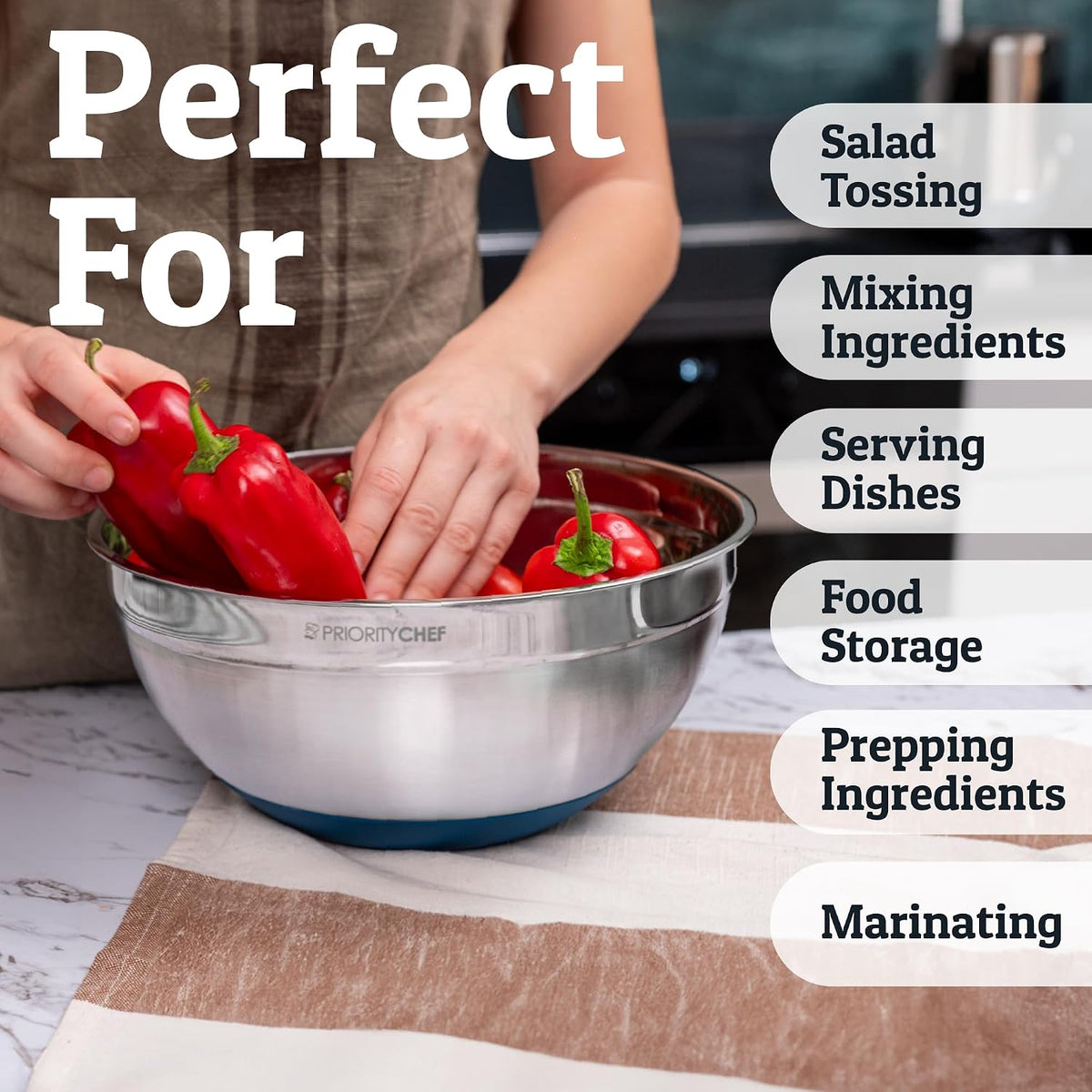 Priority Chef 6Pc Stainless Steel Mixing Bowls with Lids Set, Huge 7 Qrt Size Metal Bowl Set for Kitchen, 3 Graters, Non-Slip Bases &amp; Silicone Utensils Set, Blue