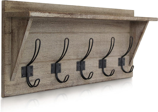 HBCY Creations Rustic Wall Mounted Coat Rack with Shelf - Solid Wood 24" Entryway Shelf with 5 Coat Hangers. Perfect Touch