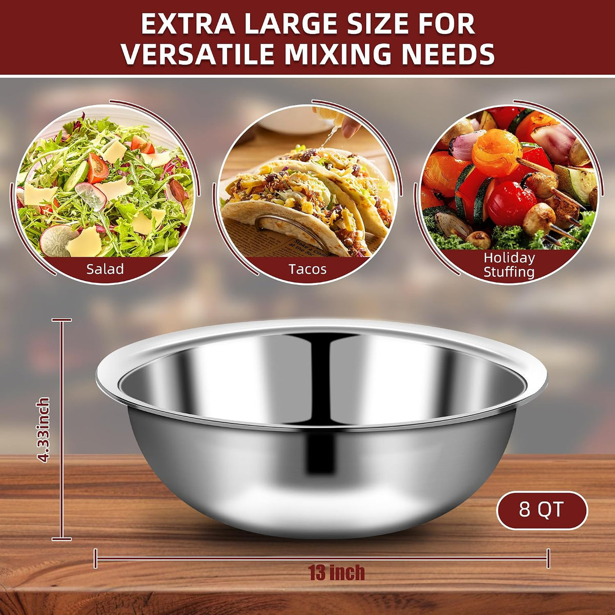 6 Pcs Stainless Steel Mixing Bowls Metal Mixing Bowls Extra Large Basin Salad Bowl with Deeper Edge, Dishwasher Safe, Mirror Finish for Home and Commercial, Silver (13 Inch 7 Qt)