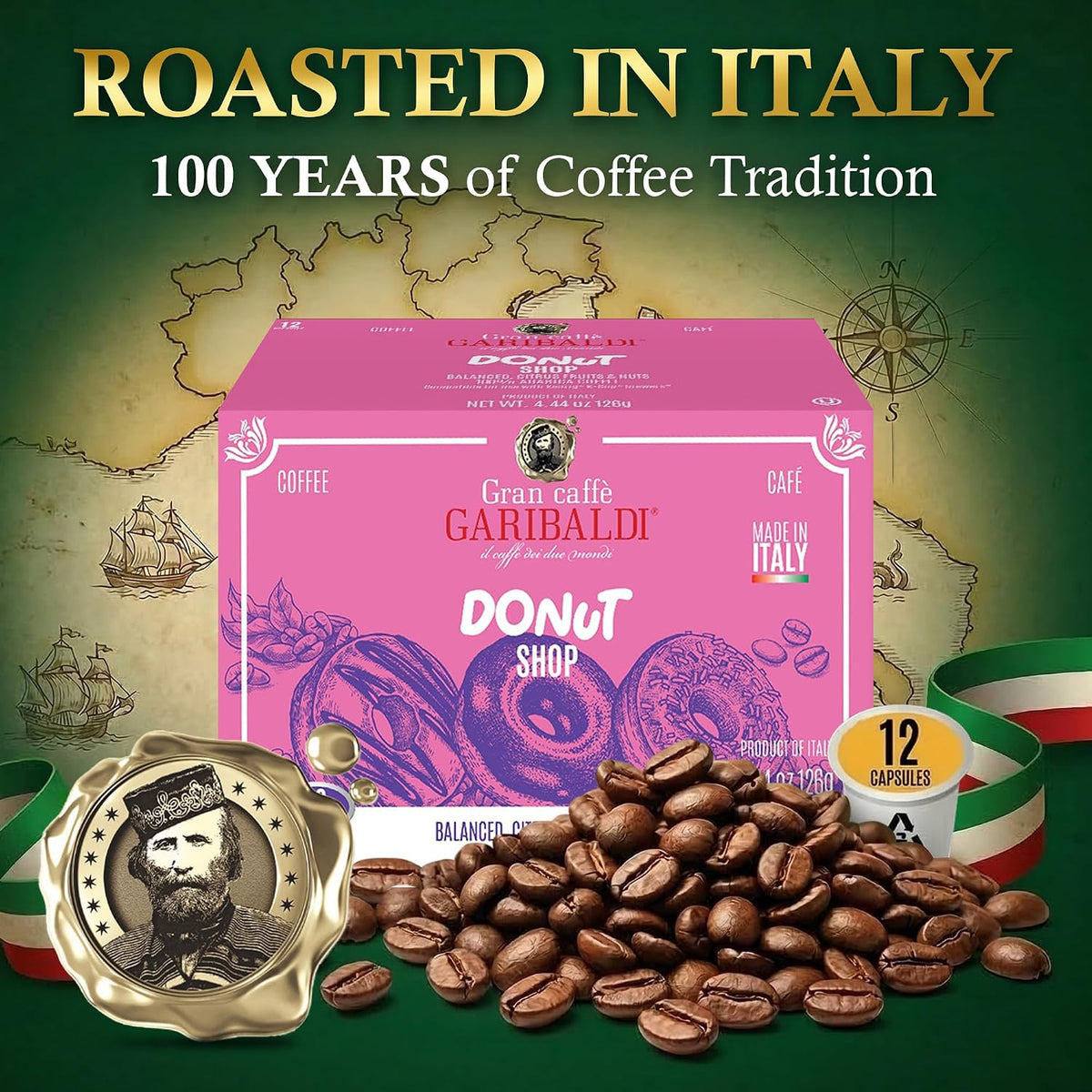 Caffè Garibaldi Donut Shop Coffee Pods, Light Roast, 72 Count Arabica Blend | Light Roast 100% Arabica Coffee Pods Compatible With Keurig K-Cup Brewers, Recyclable Single-Serve Capsules, 72 Count Box