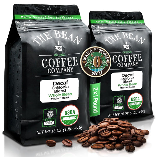 The Bean Organic Coffee Company Water Processed DECAF California Blend, Medium Roast, Whole Bean Coffee, 16-Ounce Bags (Pack