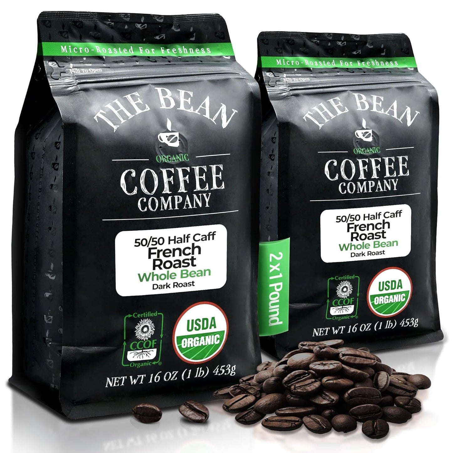 The Bean Organic Coffee Co. Half-Caff 50/50 French, Whole Bean, 2 x 1 lb | Deep, smoky, bold dark French. Balanced blend of regular and Swiss Water Process decaf. Organic half-caff coffee beans.
