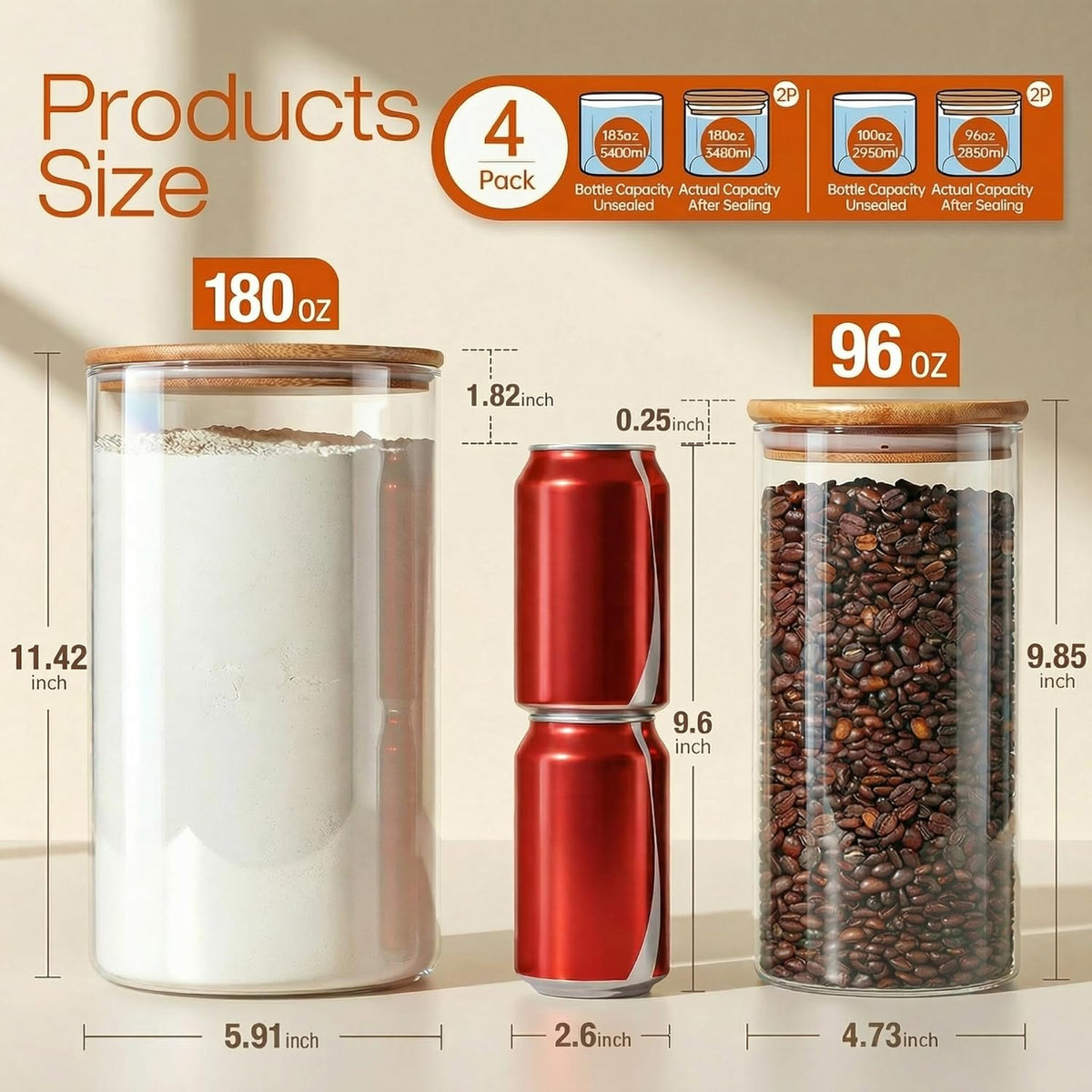 Large Glass Storage Containers with Bamboo Lids for Flour &amp; Sugar, 4 Pack