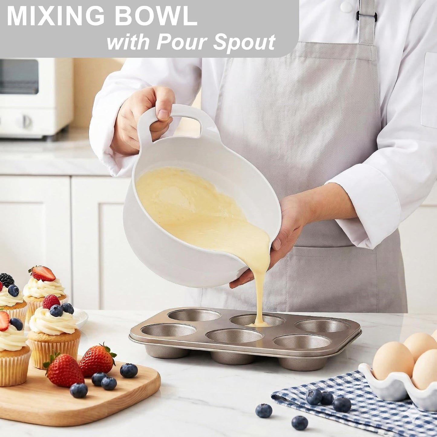 BoxedHome 4 Pack Nesting Mixing Bowl with Pour Spout and Handle, BPA free Microwave &amp; Dishwasher Safe(Grey, 4 Pack with Handle)