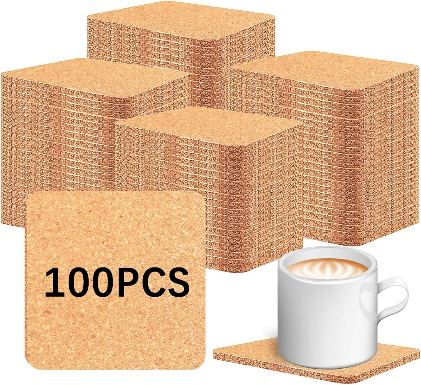 100 PCS Cork Coasters Bulk, Blank Square Cork Coasters DIY Crafts, Non-Slip Heat-Resistant Reusable 