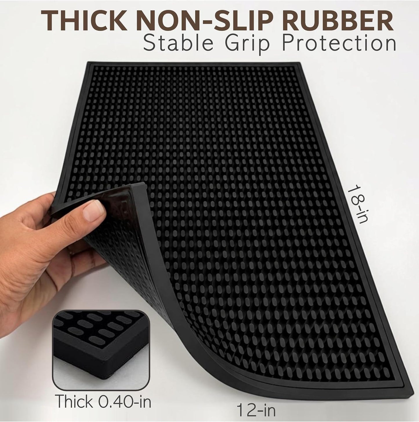 Rubber Bar Mat – Non-Slip Spill &amp; Drip Mat for Bartending, Coffee Bar &amp; Kitchen Countertop, Thick Durable Counter Protector &amp; Stylish Drying Mat (Total Black, 18"x12")