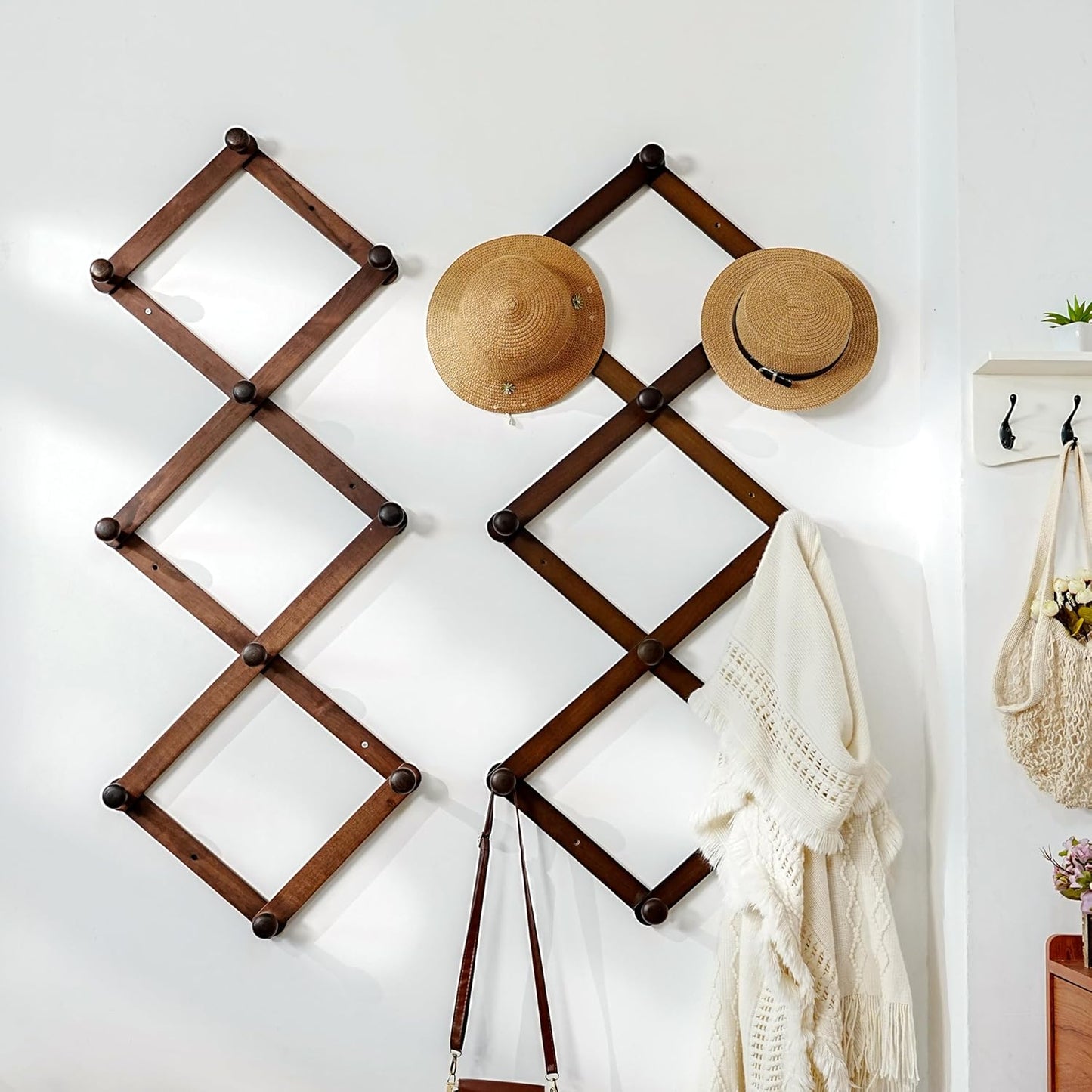 Dseap Expandable Coat Rack (Larger Version) - 24” High, Anti-Slip, Ultra Heavy Duty Wooden Accordian Wall Hanger with 10 Study Peg Hooks for Clothing Hats Jackets Bags, Black/Natural