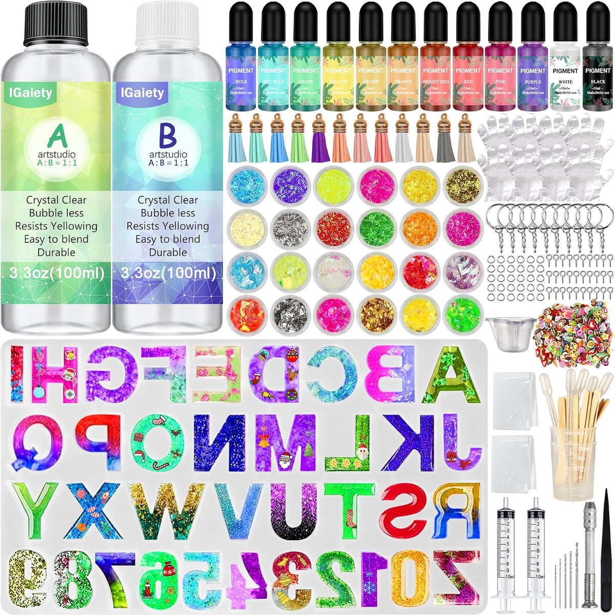 IGaitey Epoxy Kit with Reverse Alphabet Molds for Keychain Pendant | Beginner-Friendly Resin Kit with Backward Letter Molds, 169 Pcs Pigments &amp; Tools for Adult DIY Jewelry Casting