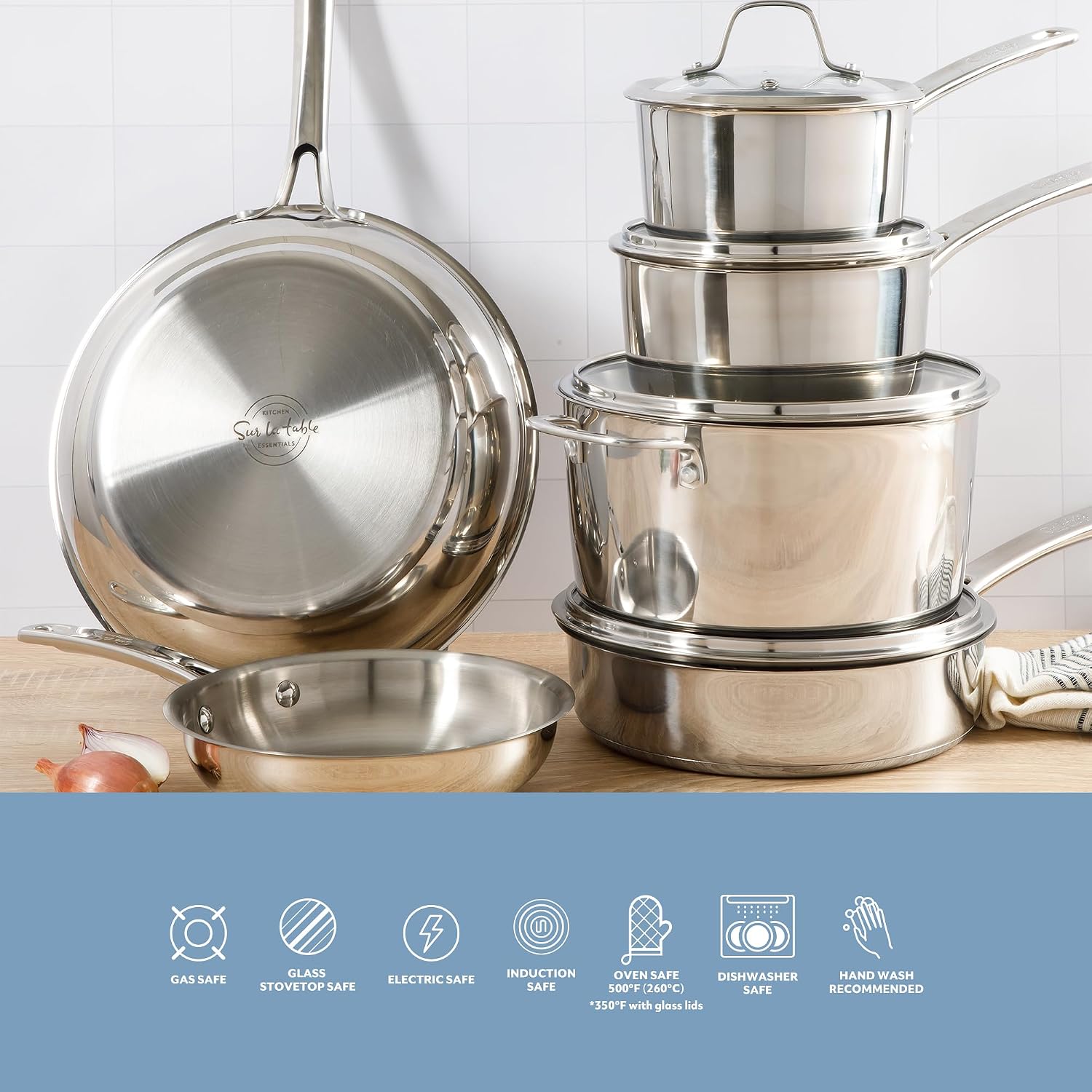 Sur La Table Kitchen Essentials Chef's Deck 10 Piece Stainless Steel Non Toxic Pots and Pans Kitchen Cookware Set w/Trip