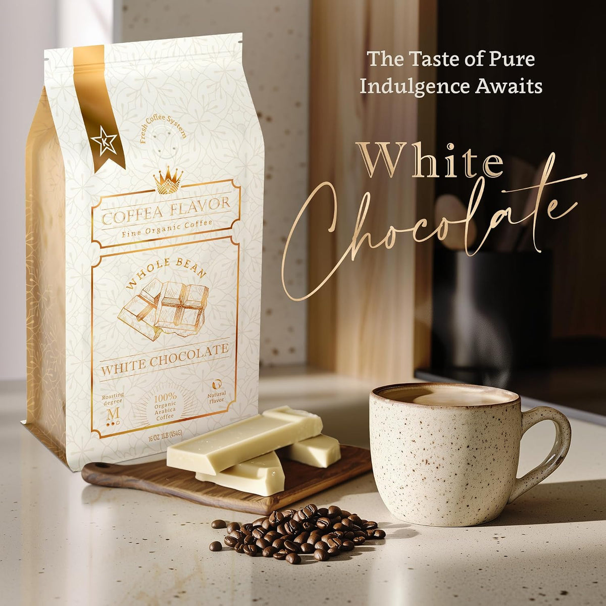 Organic Whole Bean Coffee Medium Roast (16oz) - White Chocolate Flavored | 100% Arabica, Single Origin and Low Acid - USDA Organic and Fair Trade Certified - Naturally Flavored Without Additives