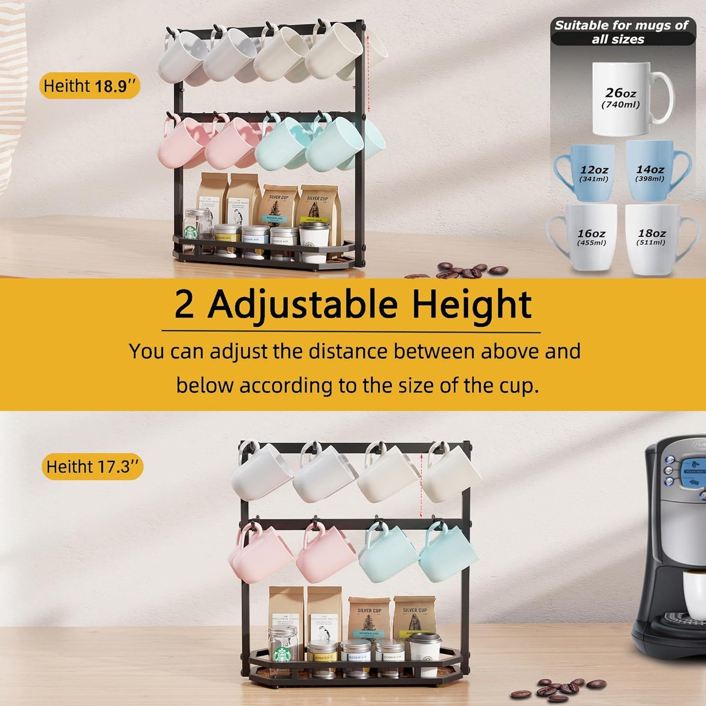 Coffee Mug Holder with Movable Hooks,16 Capacity Coffee Cup Holder for Countertop, Metal Mug Tree Holder Rack with Storage
