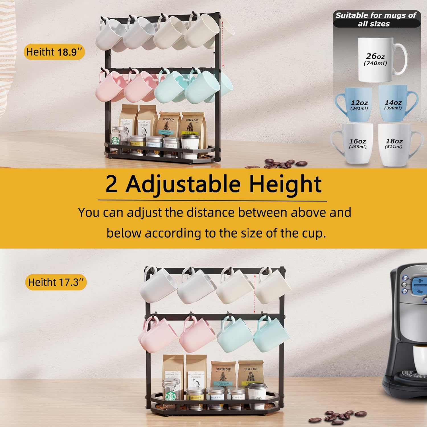Coffee Mug Holder with Movable Hooks,16 Capacity Coffee Cup Holder for Countertop, Metal Mug Tree Holder Rack with Storage