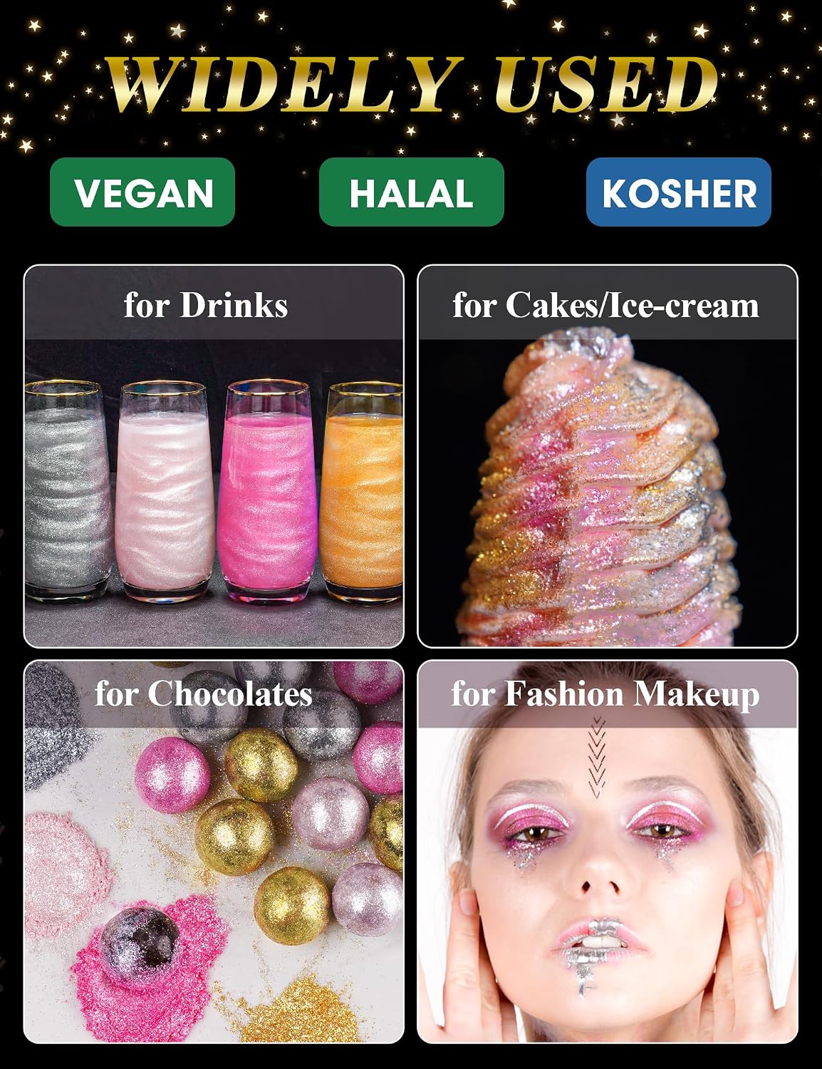 NiHome 4 Bottles Edible Luster Dust Glitter Powder Fancy Metallic Sprinkles | 4 Colors Decorating Sprinkle Glimmery Dust for Drinks Cocktails Wine Beverage Cakes, Allergen-Free Food Coloring (20g)