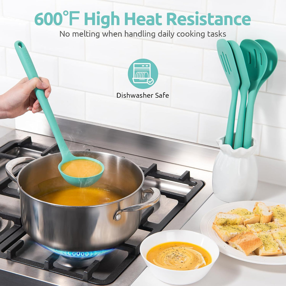 U-Taste Silicone Kitchen Cooking Utensil Set of 5, 13.6" Long, Aqua Sky | 600ºF Heat Resistant Food Grade Kitchen Tools&amp;Gadgets, Extra Long Wide Spatula Turner Spoon Ladle for Serving Mixing Stirring