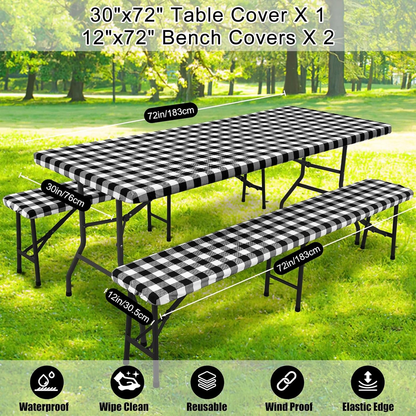 Smiry 6FT Picnic Table Cover with Bench Covers, Elastic Fitted Tablecloth | Waterproof Washable Rectangle Tablecloths ,B