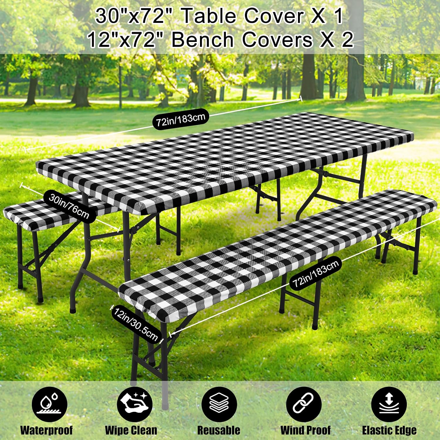 Smiry 6FT Picnic Table Cover with Bench Covers, Elastic Fitted Tablecloth | Waterproof Washable Rectangle Tablecloths ,B
