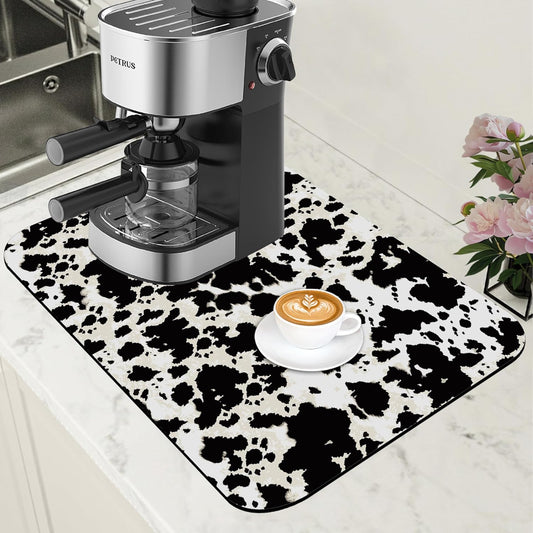 Dish Drying Mat Cow Print Coffee Bar Mat for Countertop Absorbent Hide Stain Rubber Backed Dish Drainer Rack Pad Espresso