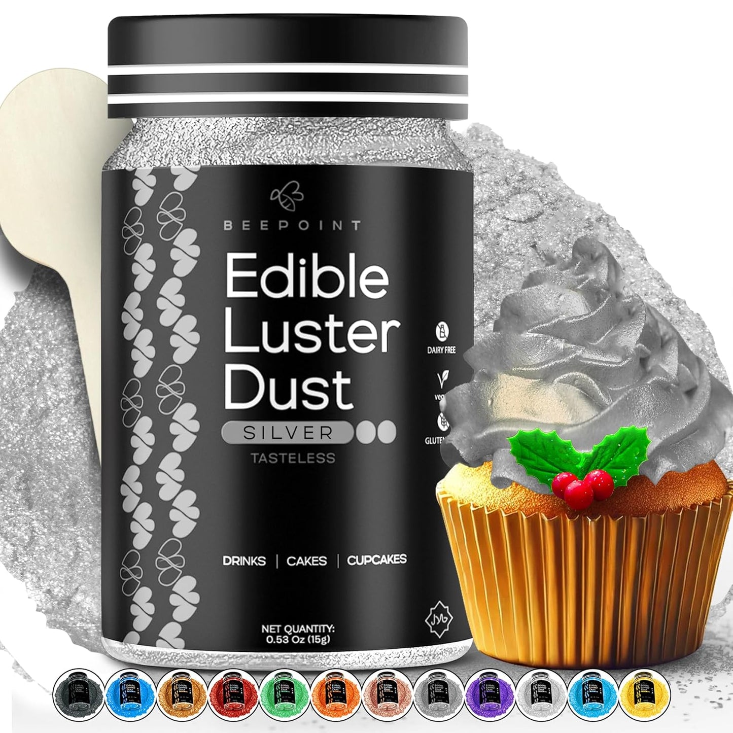 BeePoint Silver Edible Luster Dust 15g - Food Grade, Vibrant Color Shimmer Powdered Dust for Drinks,