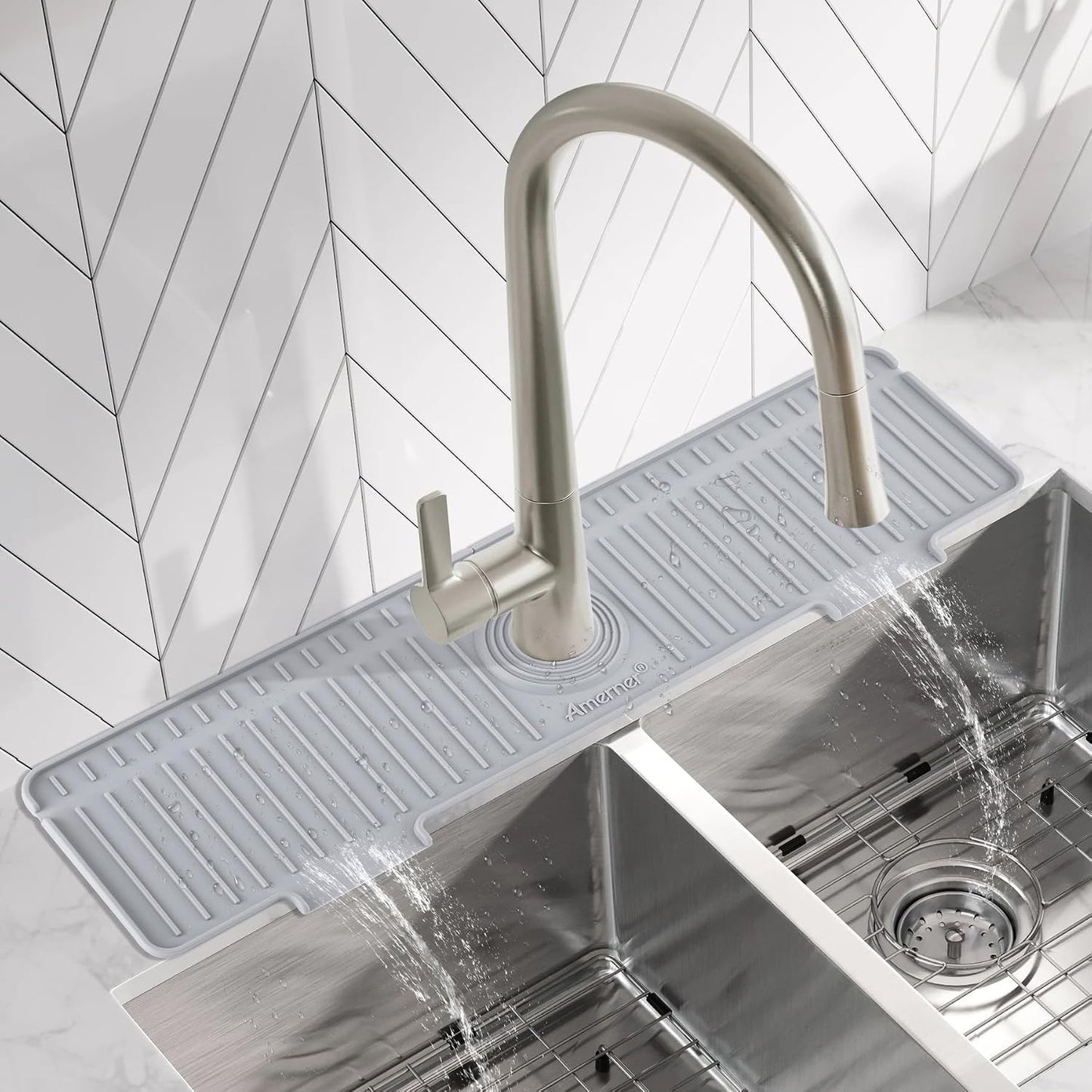 Amerner 20 inch Kitchen Sink Splash Guard, 10° Large Slope &amp; Adaptable Hole Faucet Mat for Kitchen Sink, Silicone Sink Organizer Sponge Holder for Kitchen, Bathroom, RV, Bar, 20” x 5.5”, Gray