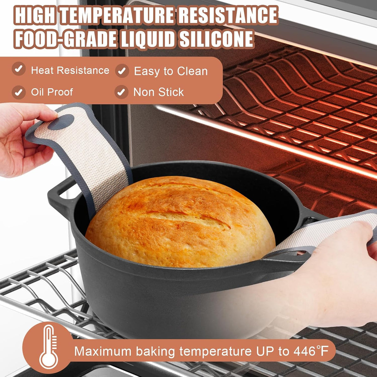 Silicone Bread Sling, Non-Stick &amp; Easy Clean Dutch Oven Baking Mat with Longer Handles, Silicone Baking Sling to Transfer SourDough Easily, Reusable Bread Mat Set