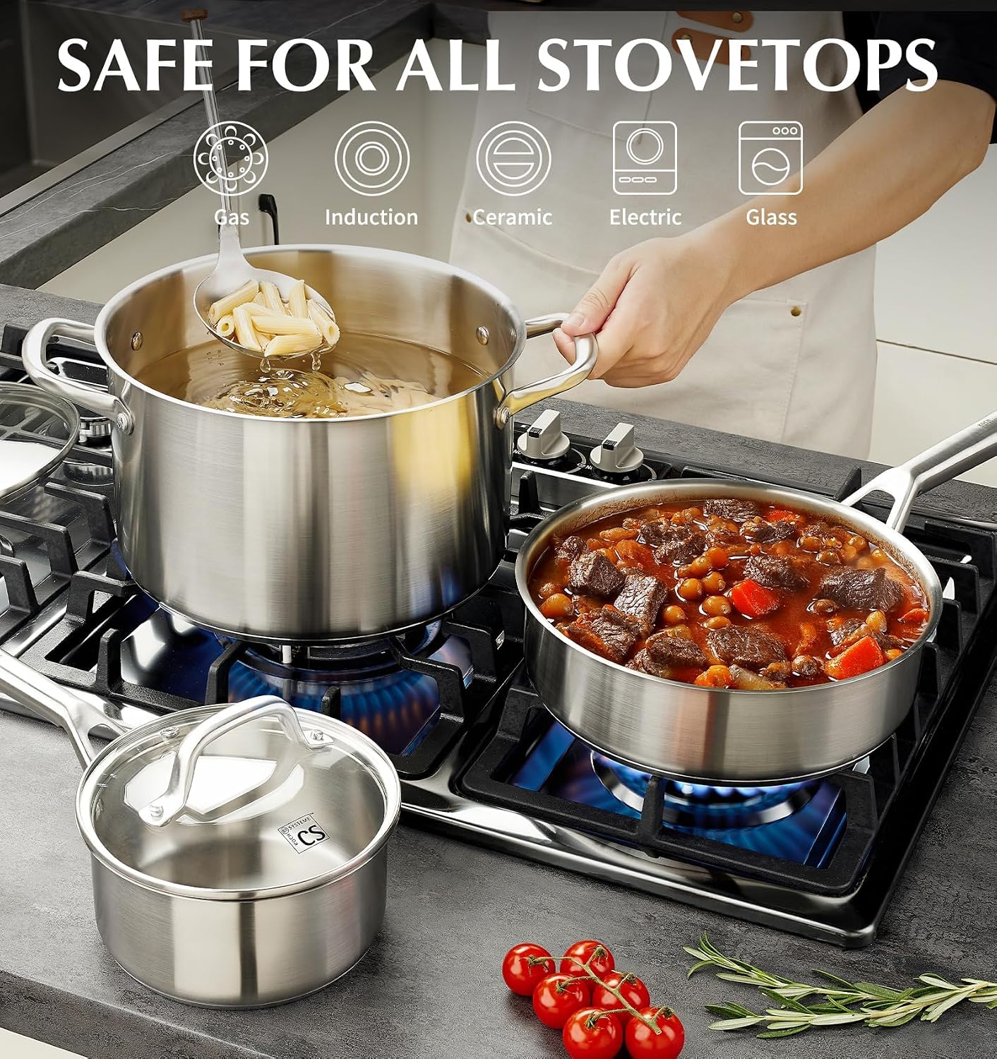 KOCH SYSTEME CS Stainless Steel Cookware Set 17 Piece with 5 Layer Base, Professional 18/10 Stainless Steel Pots and Pan