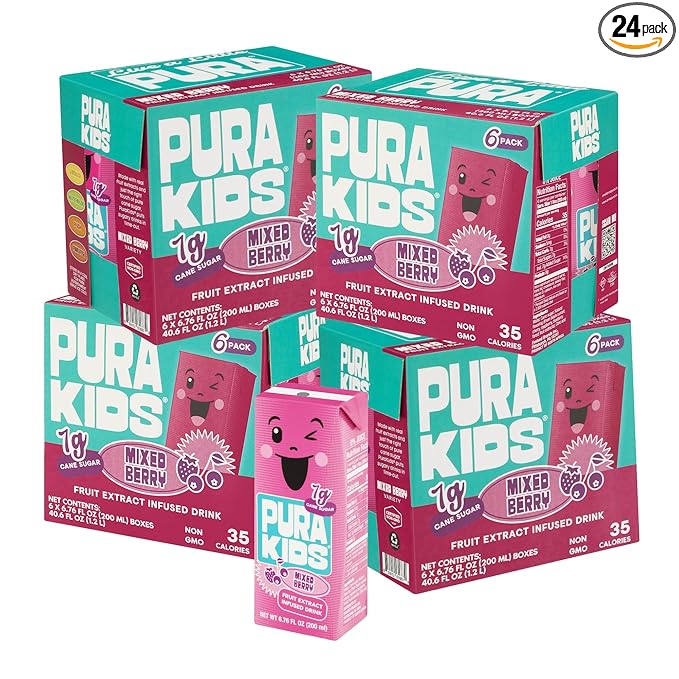 PURA Kids Box | Mixed Berry Fruit Extract Infused Drink for kids | 7g Of Pure Cane Sugar | Non-GMO | Vegan, No Artificial Sweeteners | Best Lunchbox Beverage with Paper Straw | 6.76 fl oz (200ml), Pack of 24