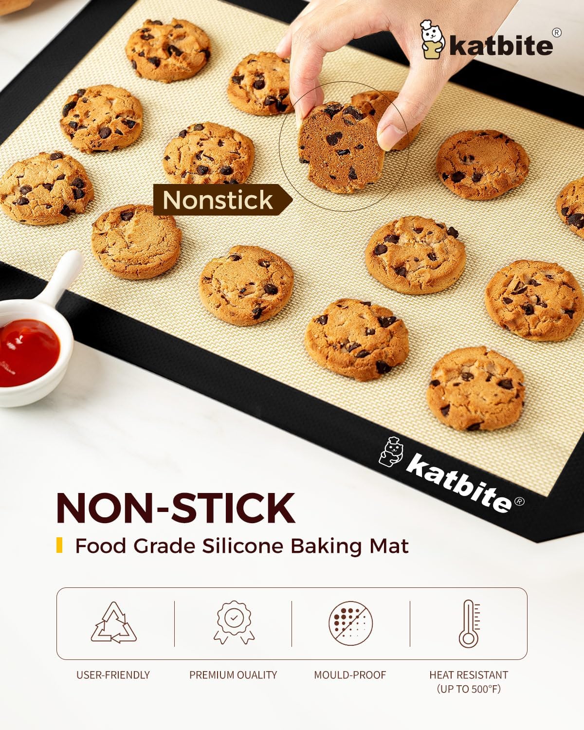 Katbite Silicone Baking Mat Set of 3 Black | 2 Half Sheets Mats + 1 Quarter Baking Sheet, Reusable &amp; Nonstick Bakeware Mats for Cookies, Macarons, Bread