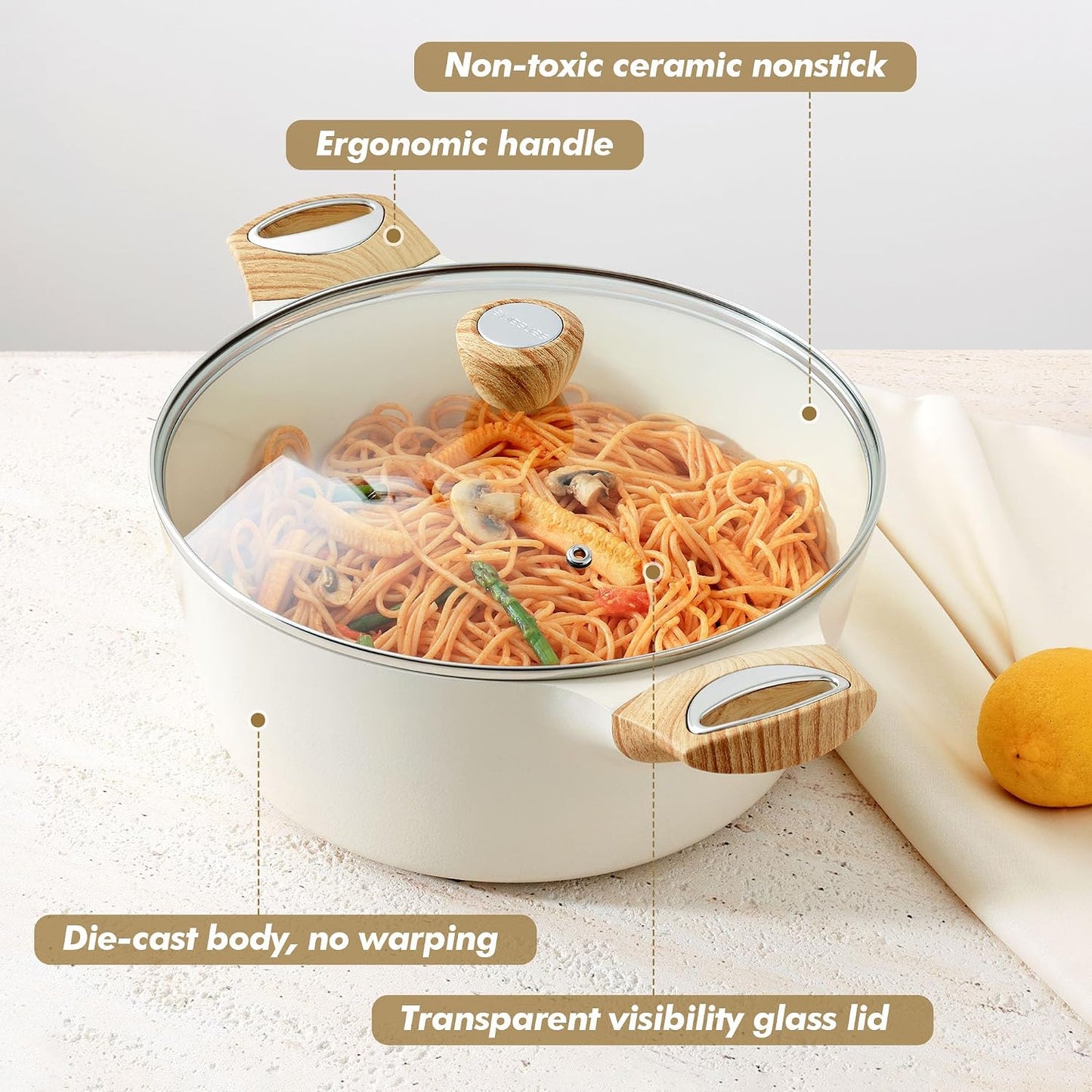 SENSARTE Ceramic Nonstick Stock Pot with Lid, 2.6/4.5/6.6/8.5/11 QT Soup Pot Casserole Pot, Non-toxic Healthy Pasta Pot
