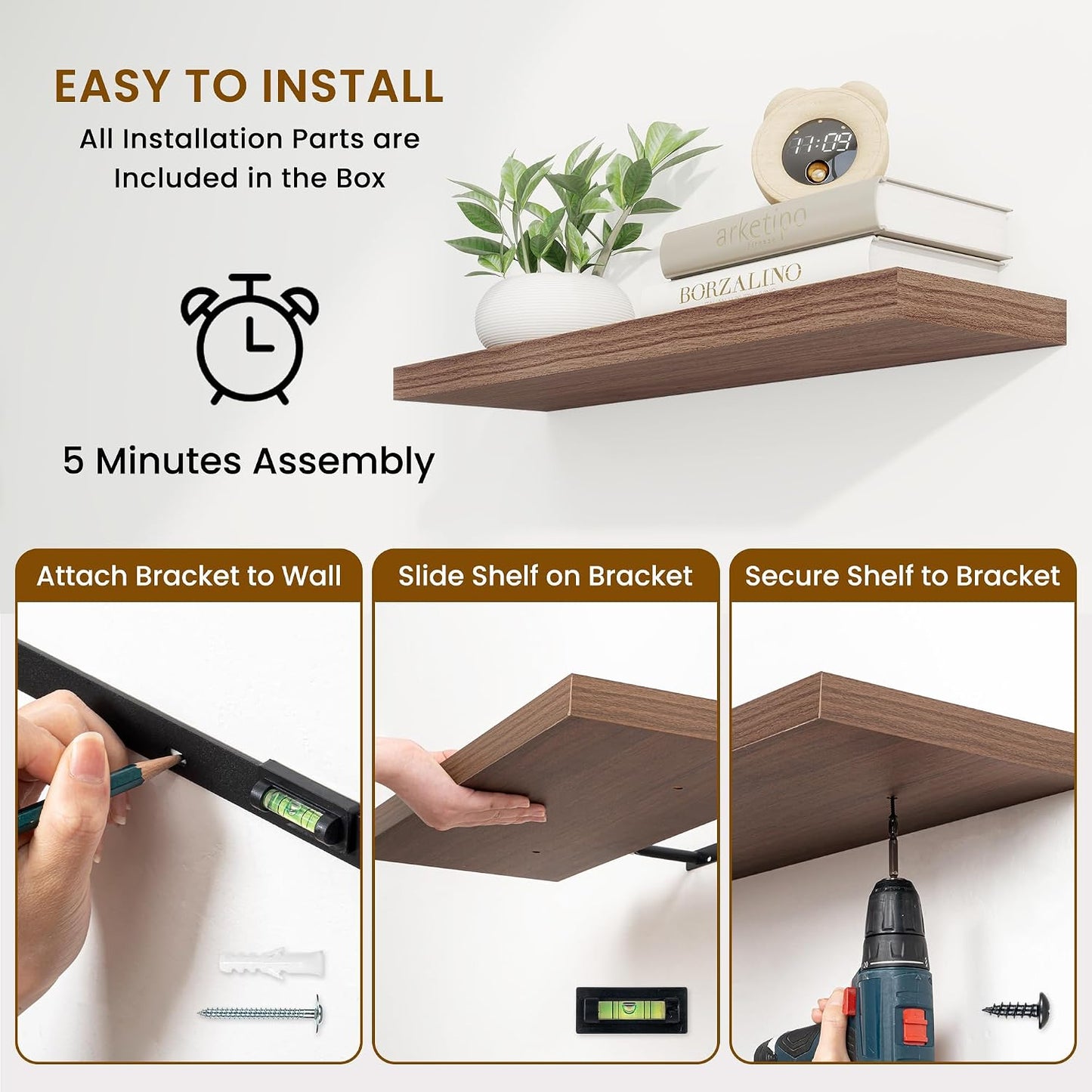 Fun Memories 40 Inch Walnut Floating Shelves, 9.3 Inch Deep Wall Shelves for Living Room|Bedroom|Kitchen, Rusitc Wall Mounted Bathroom Shelves 2 Pack, Heavy-Duty Deep Shelf for Books，Decor
