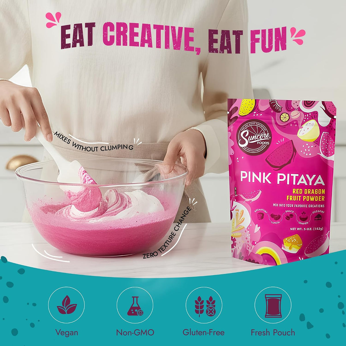 Suncore Foods Pink Pitaya Powder 5oz (Dragon Fruit) | Gluten Free | Vegan | Natural Pink Food Coloring, For Baking, Frosting, Desserts, Smoothies, Red Dragon Fruit Syrup, Non-GMO, Resealable Pouch