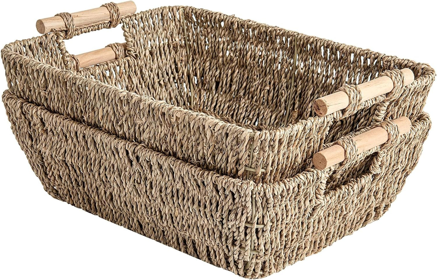 StorageWorks Hand-Woven Large Storage Baskets with Wooden Handles, Seagrass Wicker Baskets for Organ
