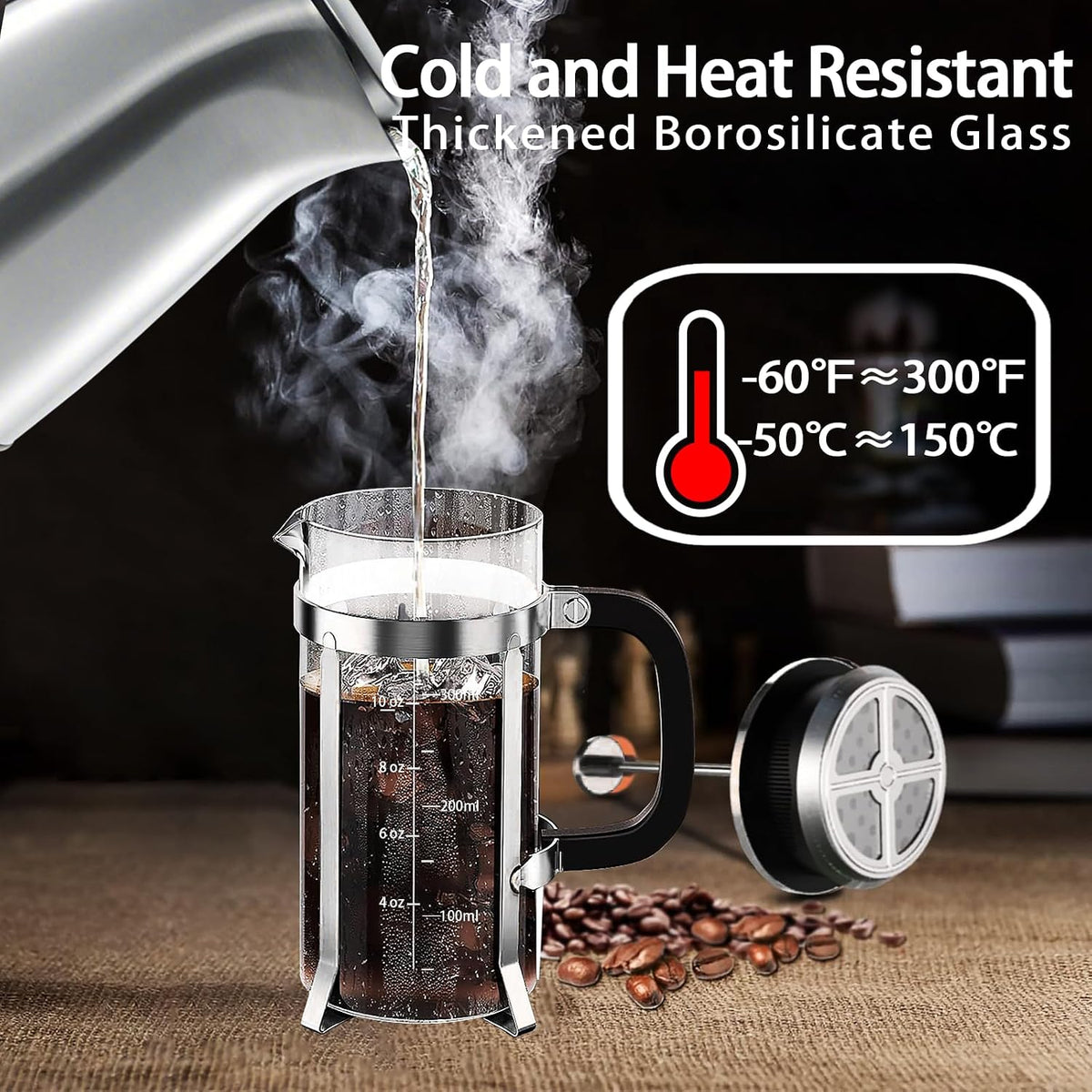 YMMIND French Press Coffee Maker 304 Stainless Steel Coffee Press,with 4 Filters System, Heat Resistant Thickness Borosilicate French Press Glass, BPA-Free Brewed Tea Pot Coffee Plunger(Copper 12oz)